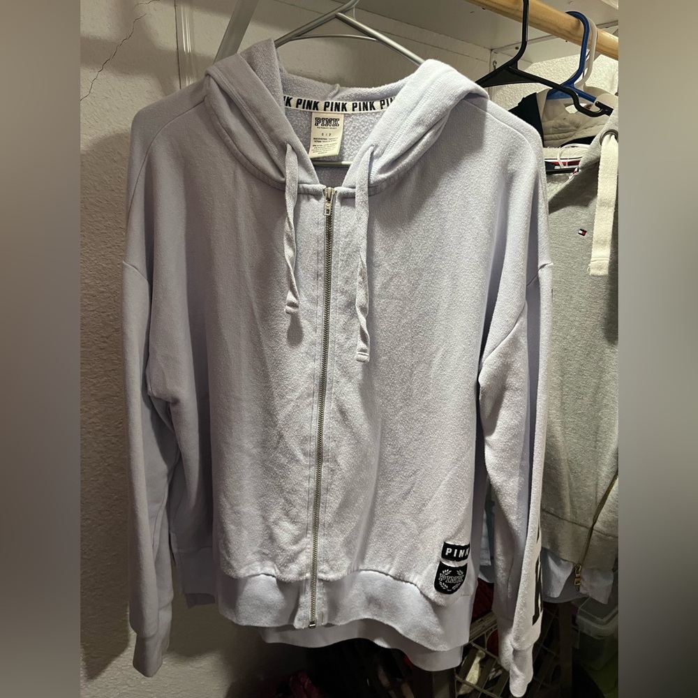 Light purple “PINK” zip up hoodie. Size Small